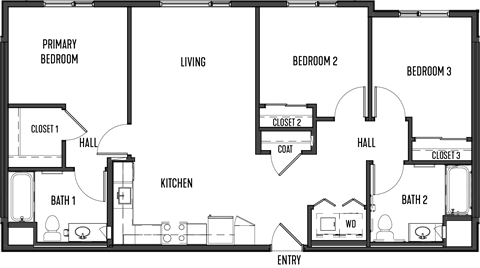 Floor plan for 3 beds, 2 baths, 1059 sqft